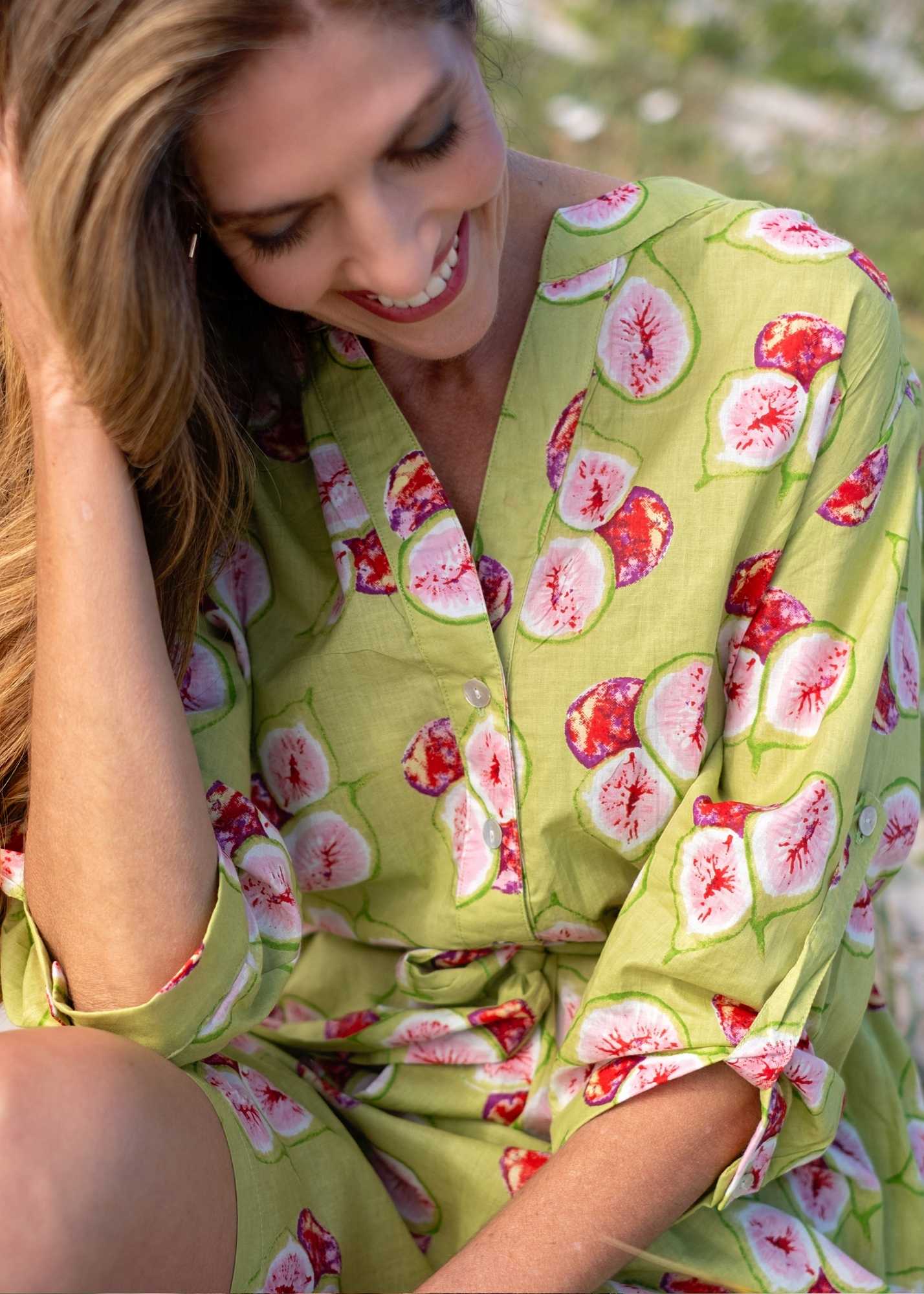 Mandarin Collar Dress in Green Fig