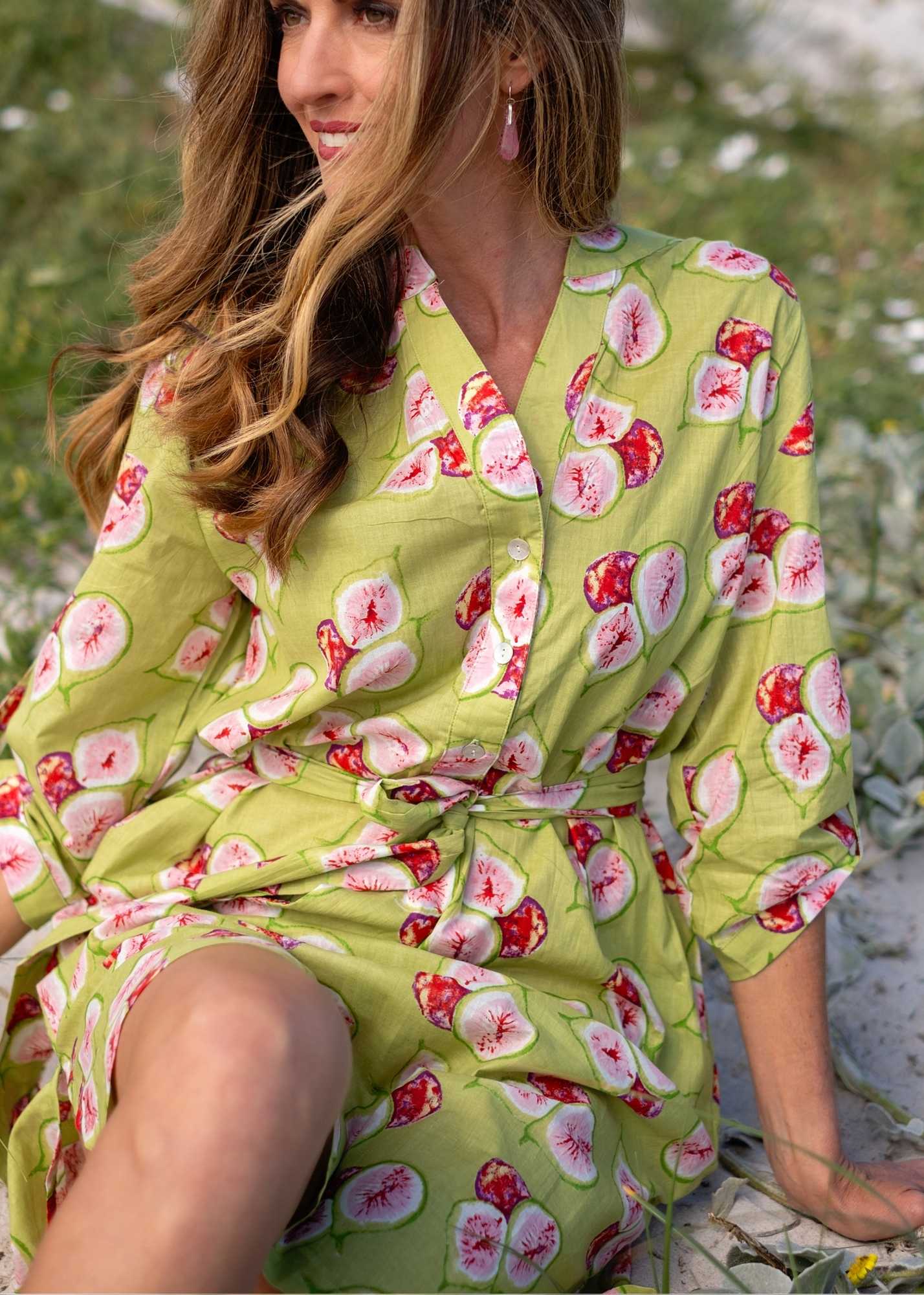 Mandarin Collar Dress in Green Fig