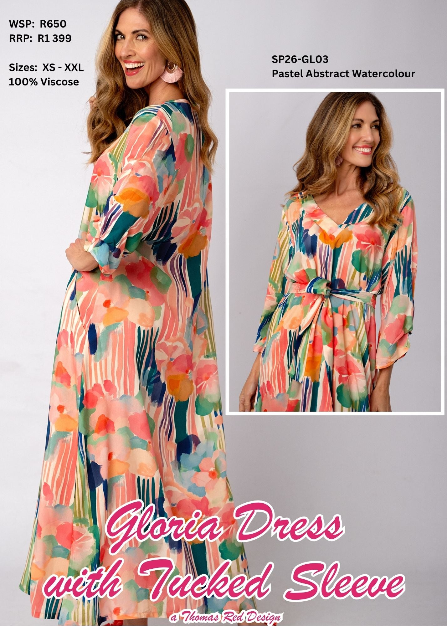 Gloria Tucked-Sleeve Viscose Maxi Dress – Pastel Abstract Watercolour