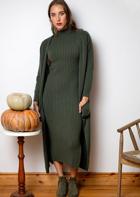 Urban Cozi Longline Open-Front Knit Cardigan Jacket in Olive