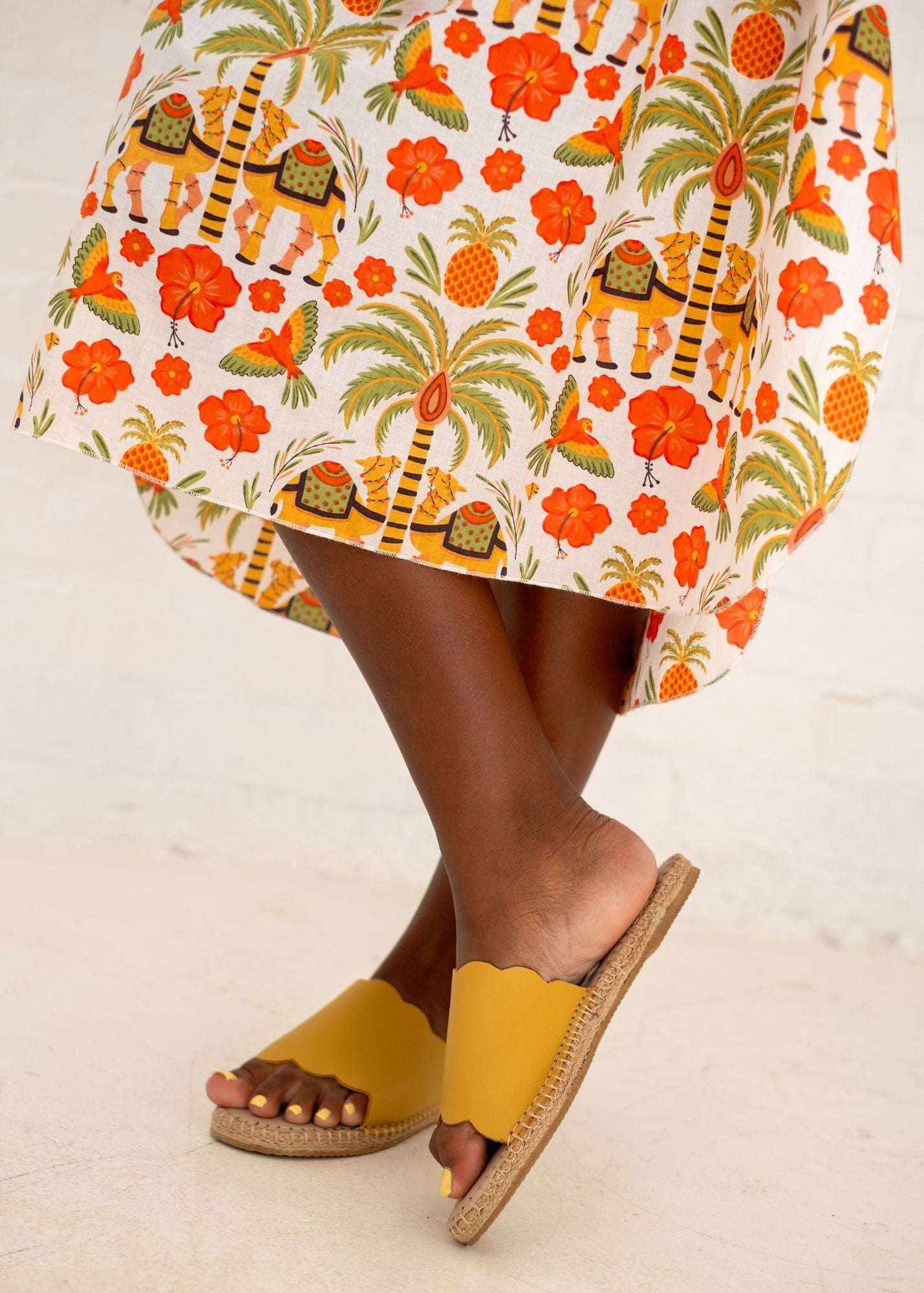 Sarah Dress with Frill in Orange and Green Camel