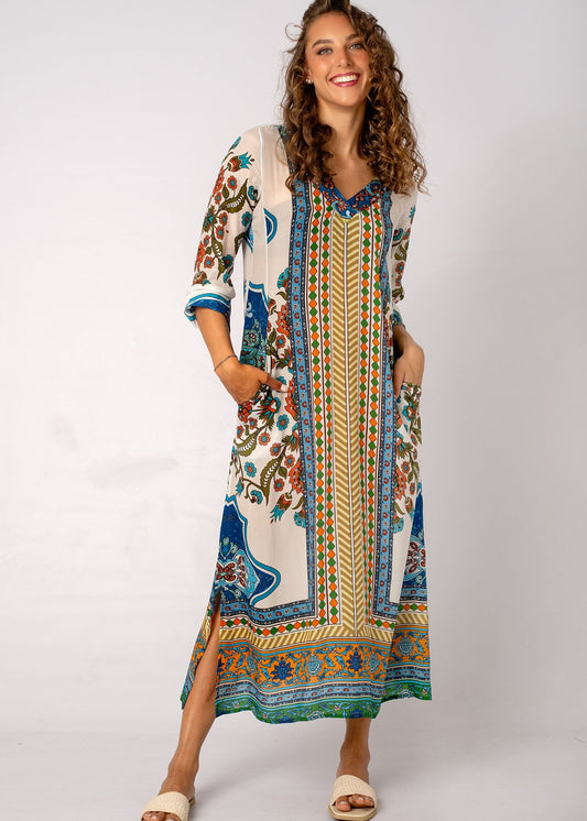 Gloria Dress with Tucked Sleeve Detail in Blue Flower
