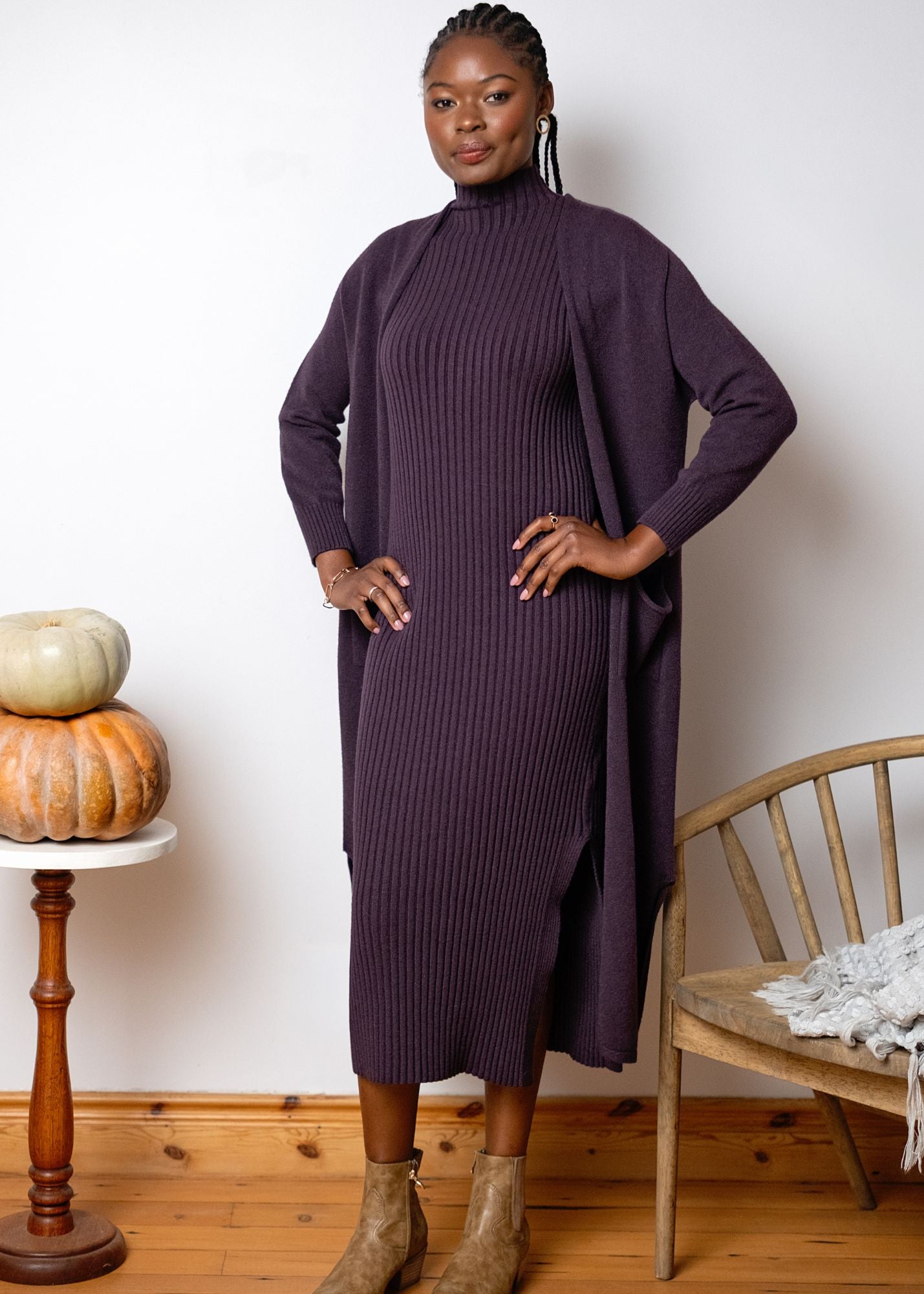 Urban Cozi Longline Open-Front Knit Cardigan Jacket in Bordeaux