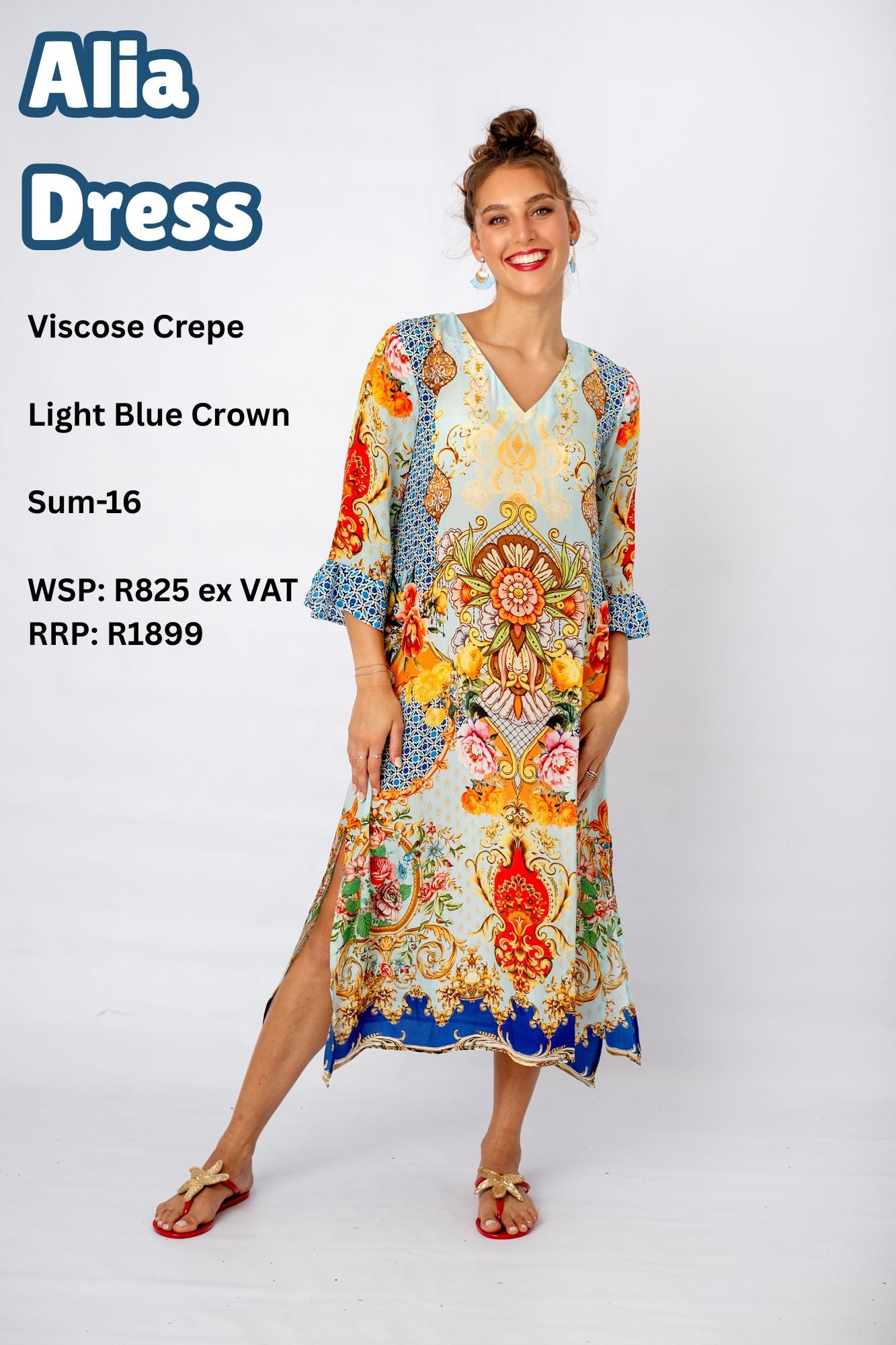 Alia Dress in Light Blue Crown Print