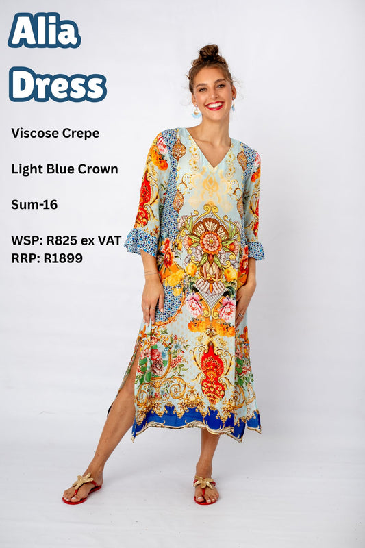Alia Dress in Light Blue Crown Print