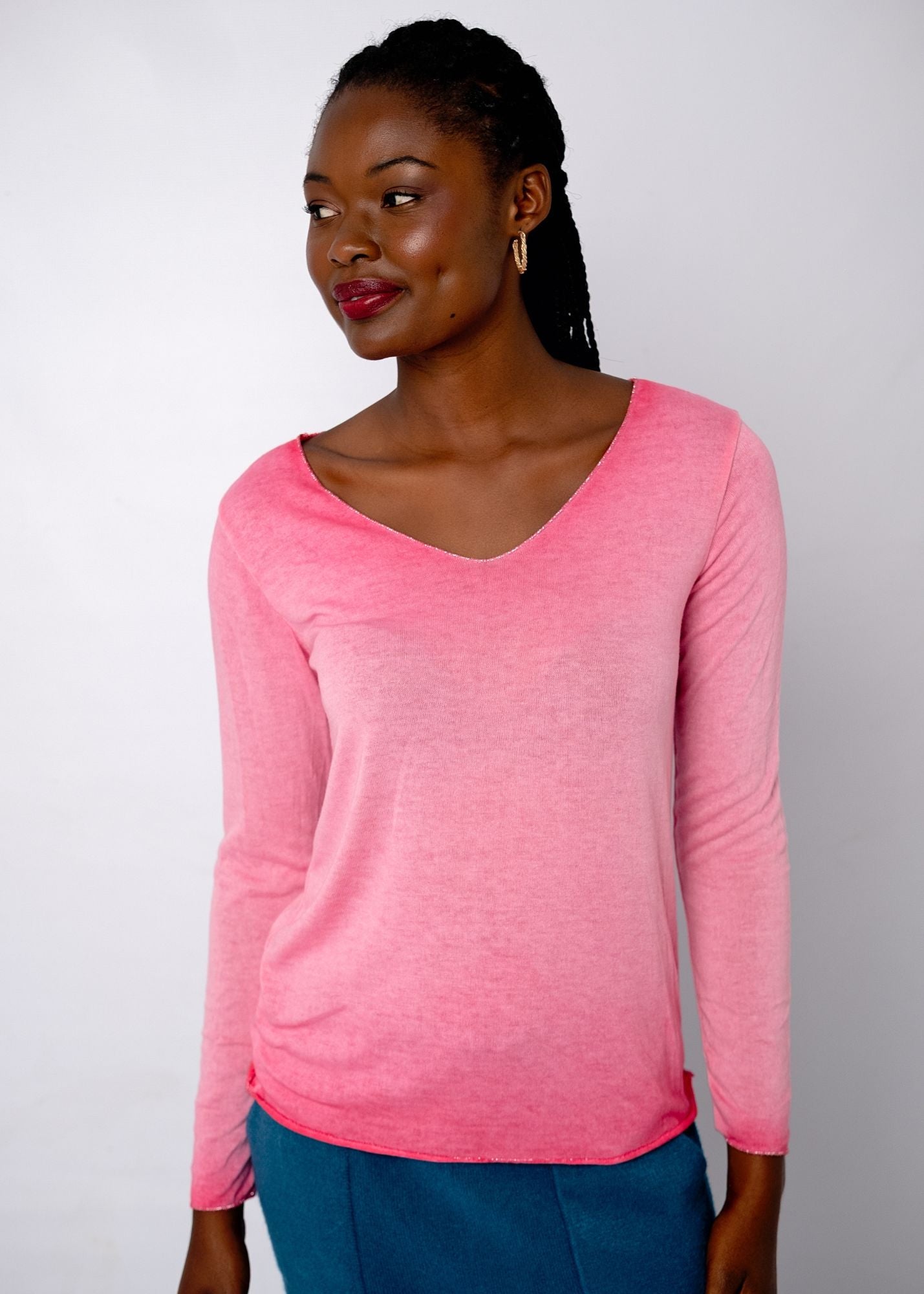 Silver Lining V-Neck Thin Knit Top in Neon Rose