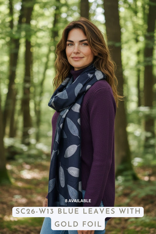 Winter Scarf Blue Leaves with Gold Foil