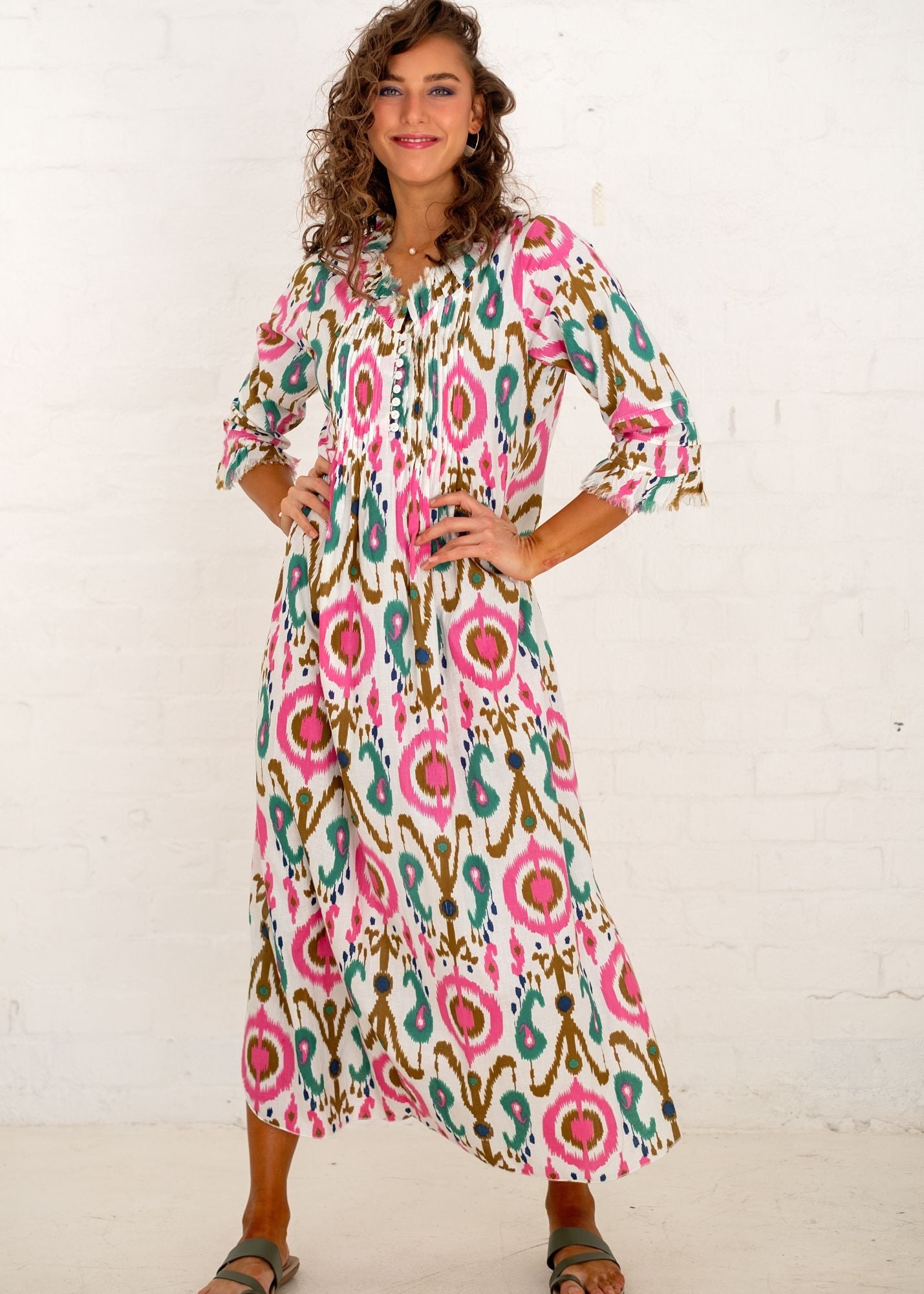 Sarah Dress with Frill in White and Pink Ikat Calf Length