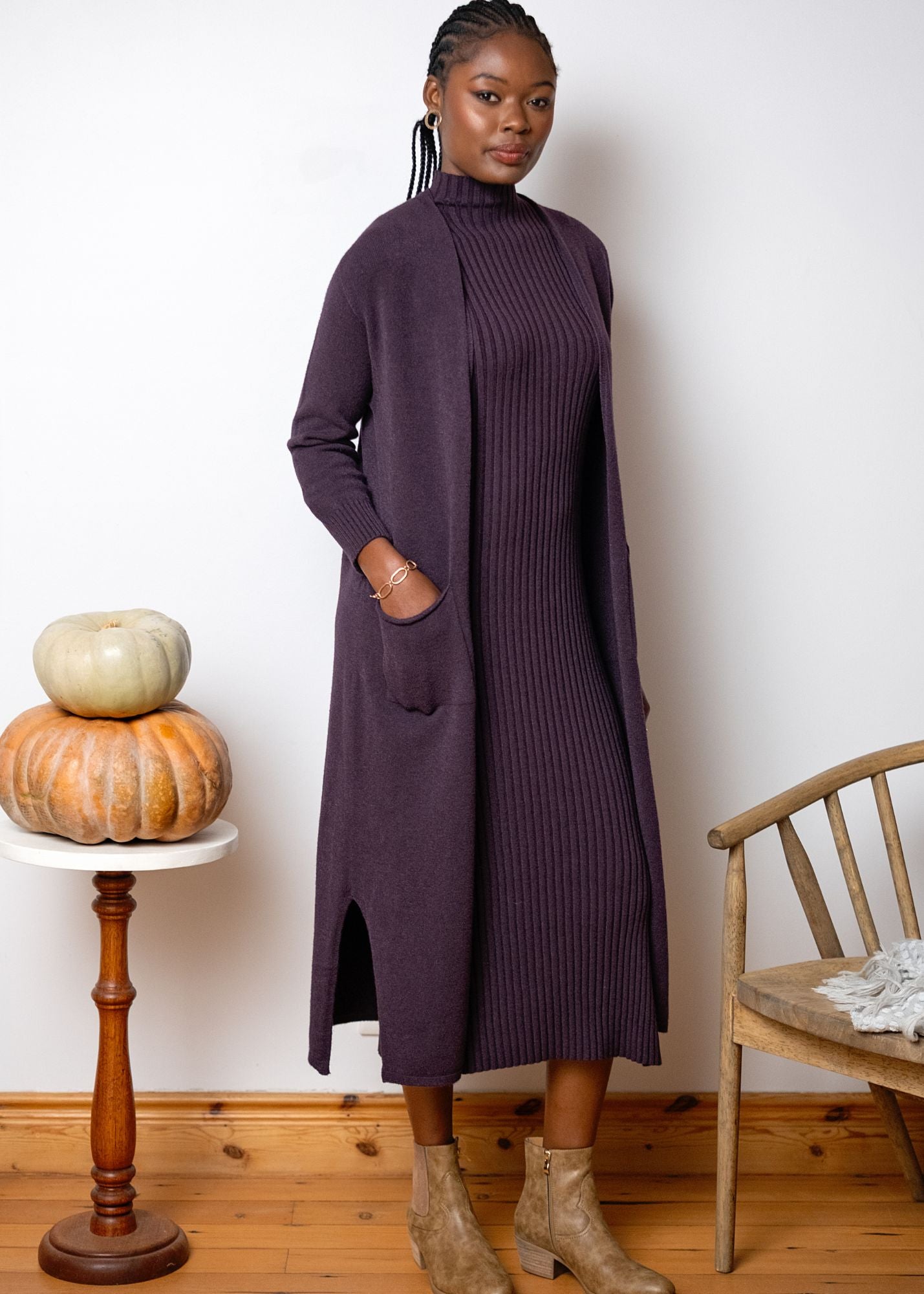 Urban Cozi Longline Open-Front Knit Cardigan Jacket in Bordeaux