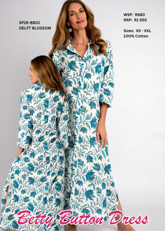 Betty Button Cotton Maxi Dress – Delft Blossom