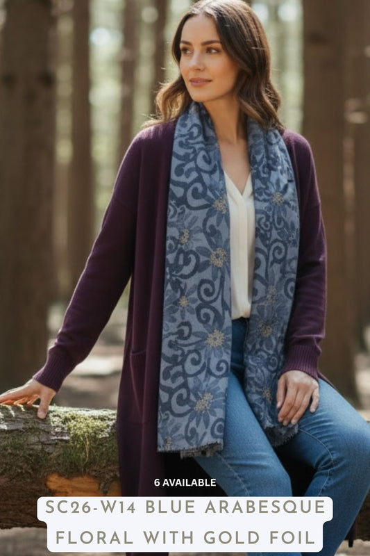 Winter Scarf Blue Arabesque Floral with Gold Foil