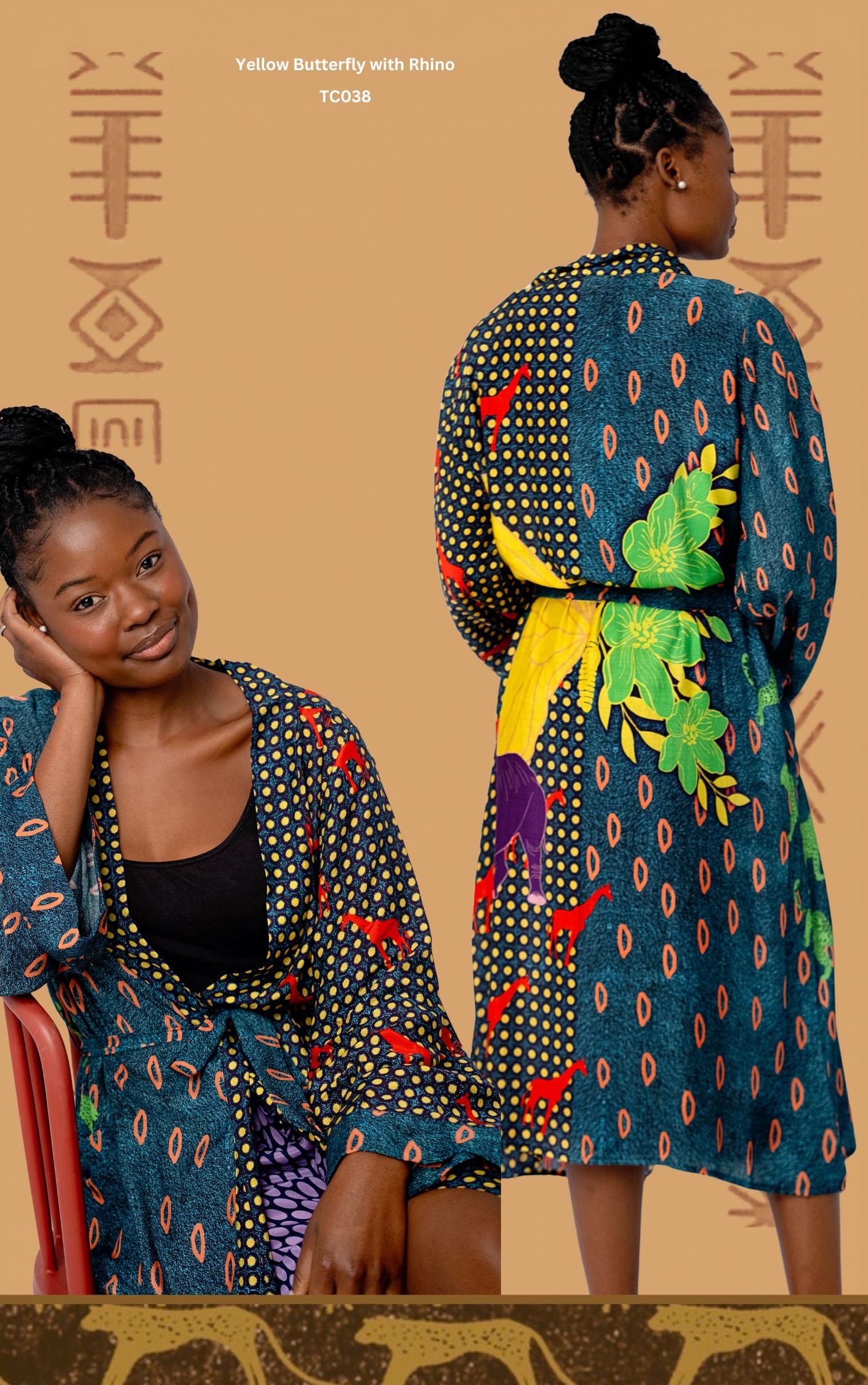 The Thandi Luxury Kimono Kaftan  – Yellow Butterfly with Rhino TC038