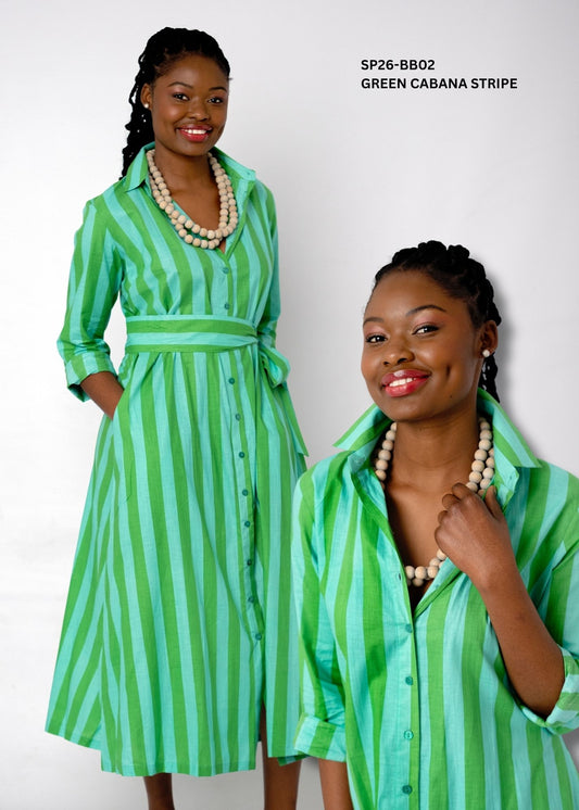 Betty Button Cotton Maxi Dress – Green Cabana Stripe