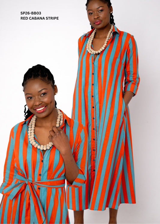Betty Button Cotton Maxi Dress – Red Cabana Stripe