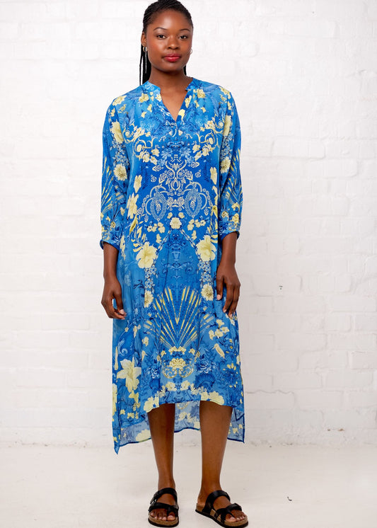 Carli Dress in Blue with Yellow Flowers