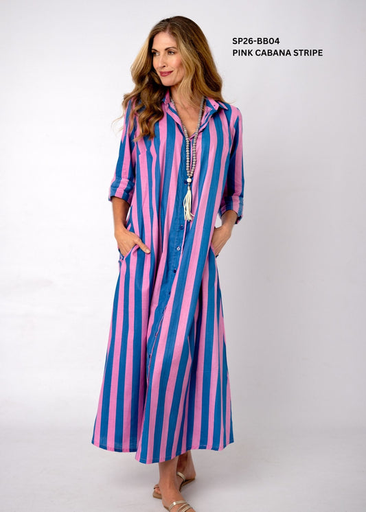 Betty Button Cotton Maxi Dress – Pink Cabana Stripe
