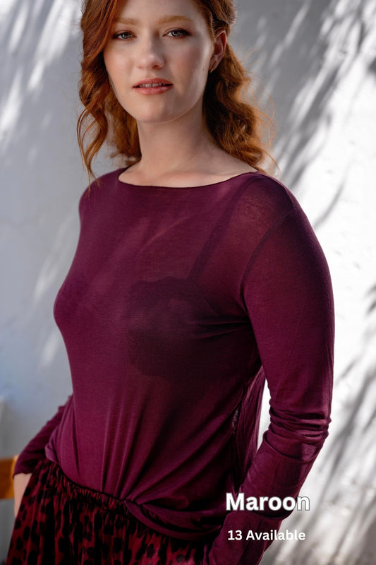Scoop Neck Sheer Cashmere Top in Maroon