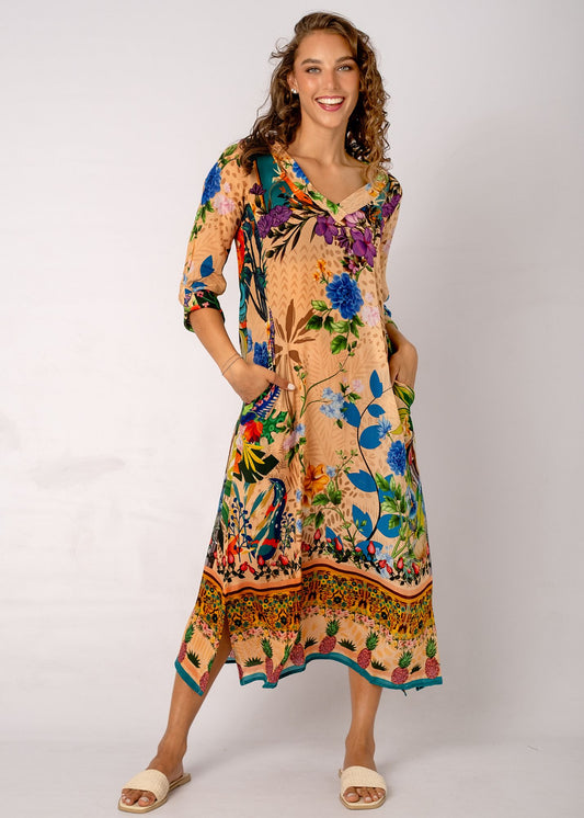 Gloria Dress with Tucked Sleeve Detail in Tropical Jungle