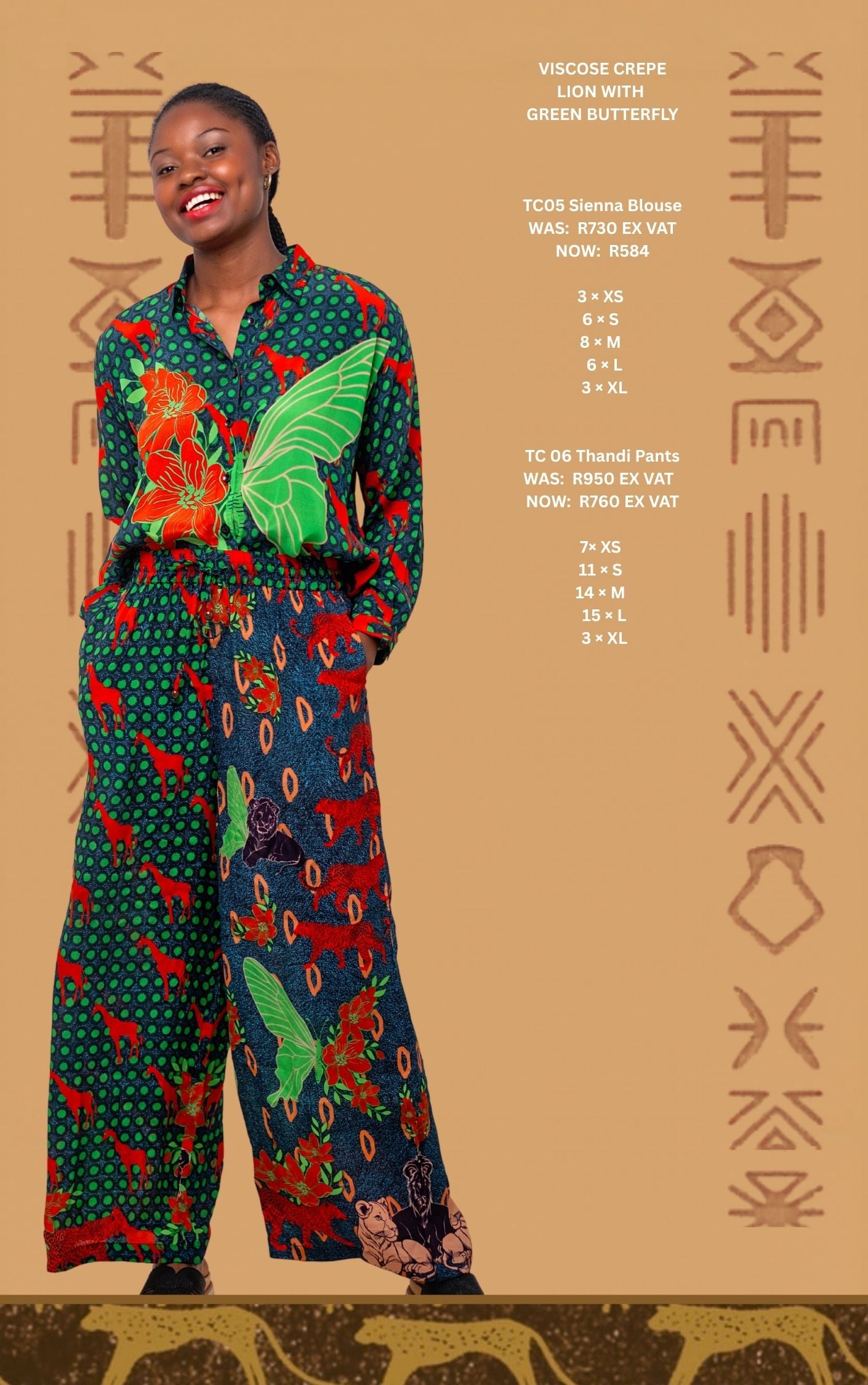 The Sienna Blouse & Thandi Wide-Leg Pants Set – Lion with Green Butterfly