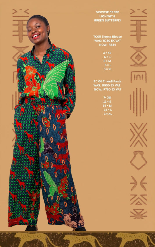 The Sienna Blouse & Thandi Wide-Leg Pants Set – Lion with Green Butterfly