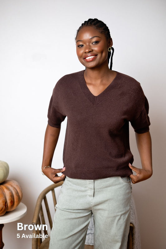 Urban Cozi V-Neck Short Sleeve Knit Top in Brown