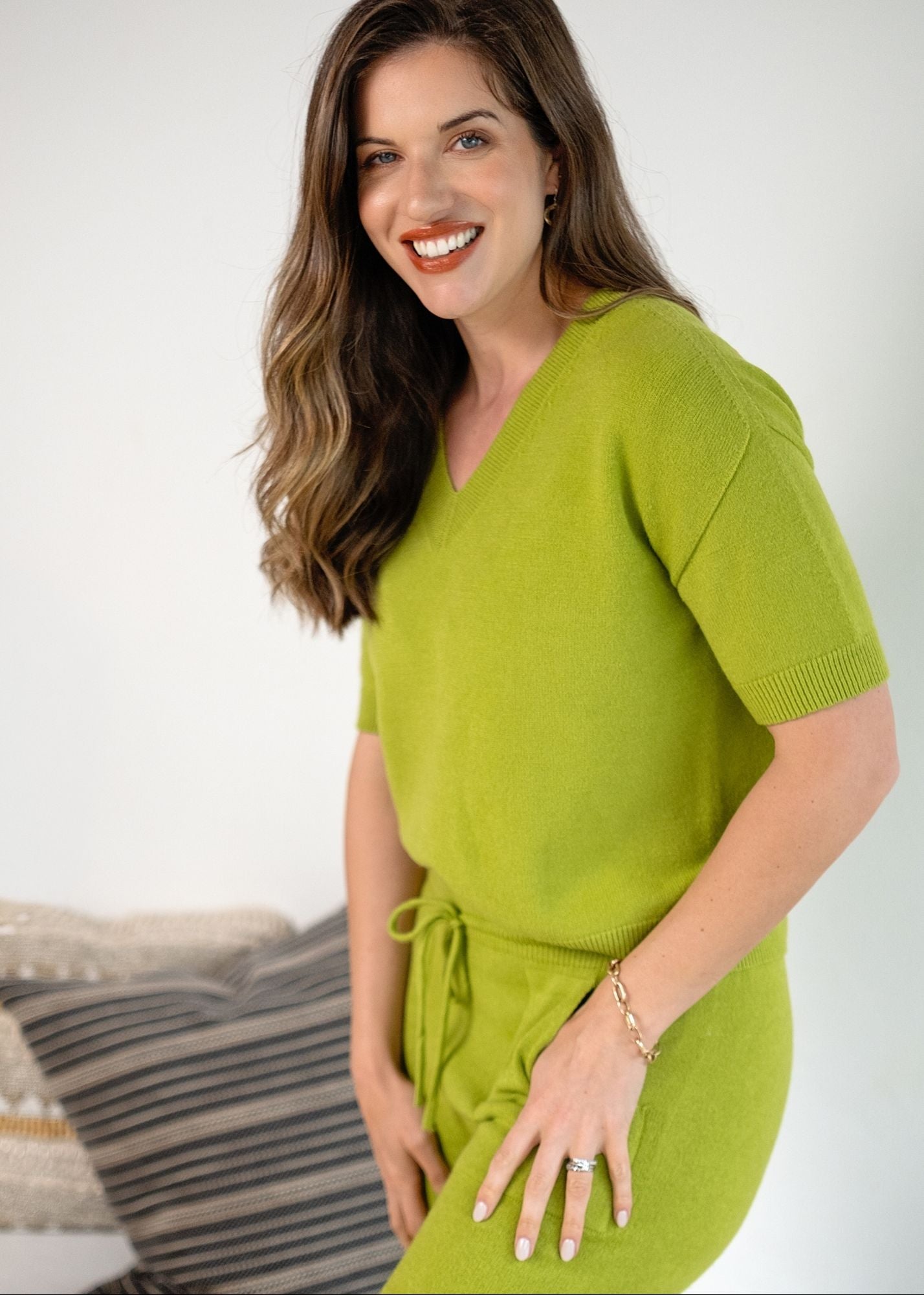 Urban Cozi V-Neck Short Sleeve Knit Top in Chartreuse
