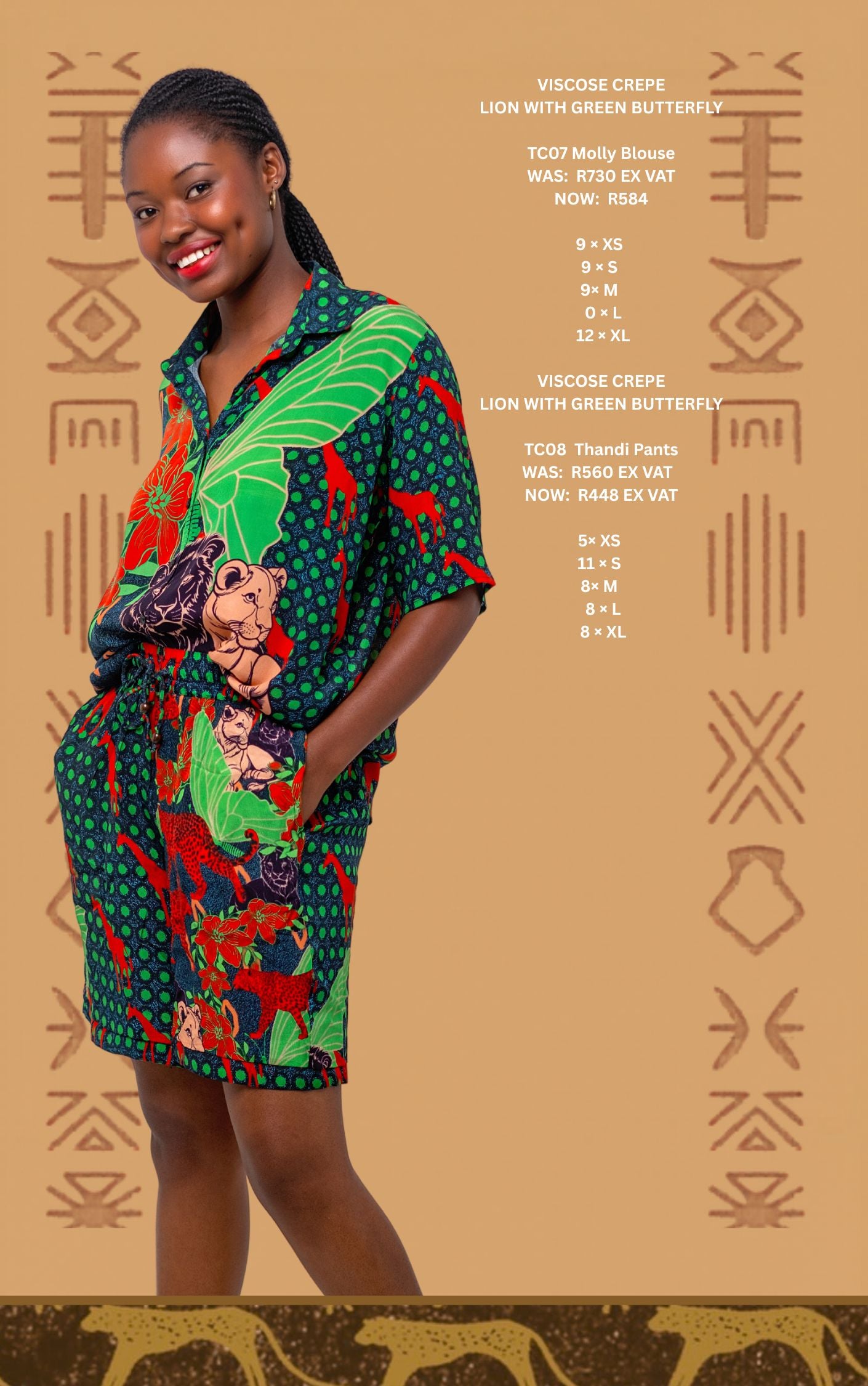 The Molly Blouse & Thandi Shorts Outlet Set – Lion with Green Butterfly