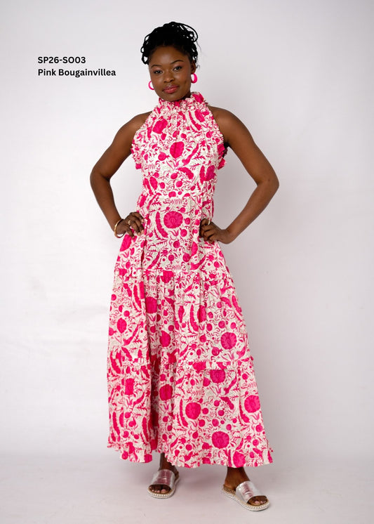Zola Tiered Cotton Halter Dress – Pink Bougainvillea