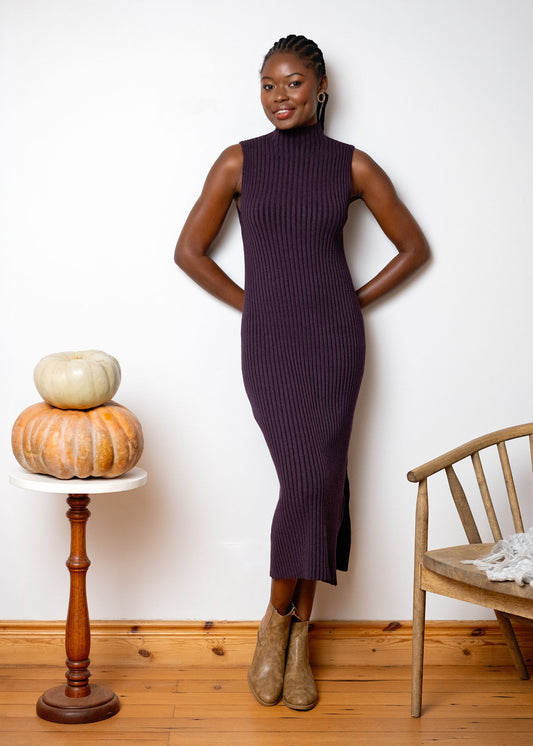 Urban Cozi Sleeveless Mock-Neck Ribbed Knit Midi Dress in Bordeaux
