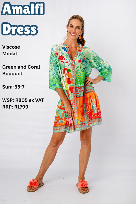 Amalfi Dress in Green and Coral Bouquet