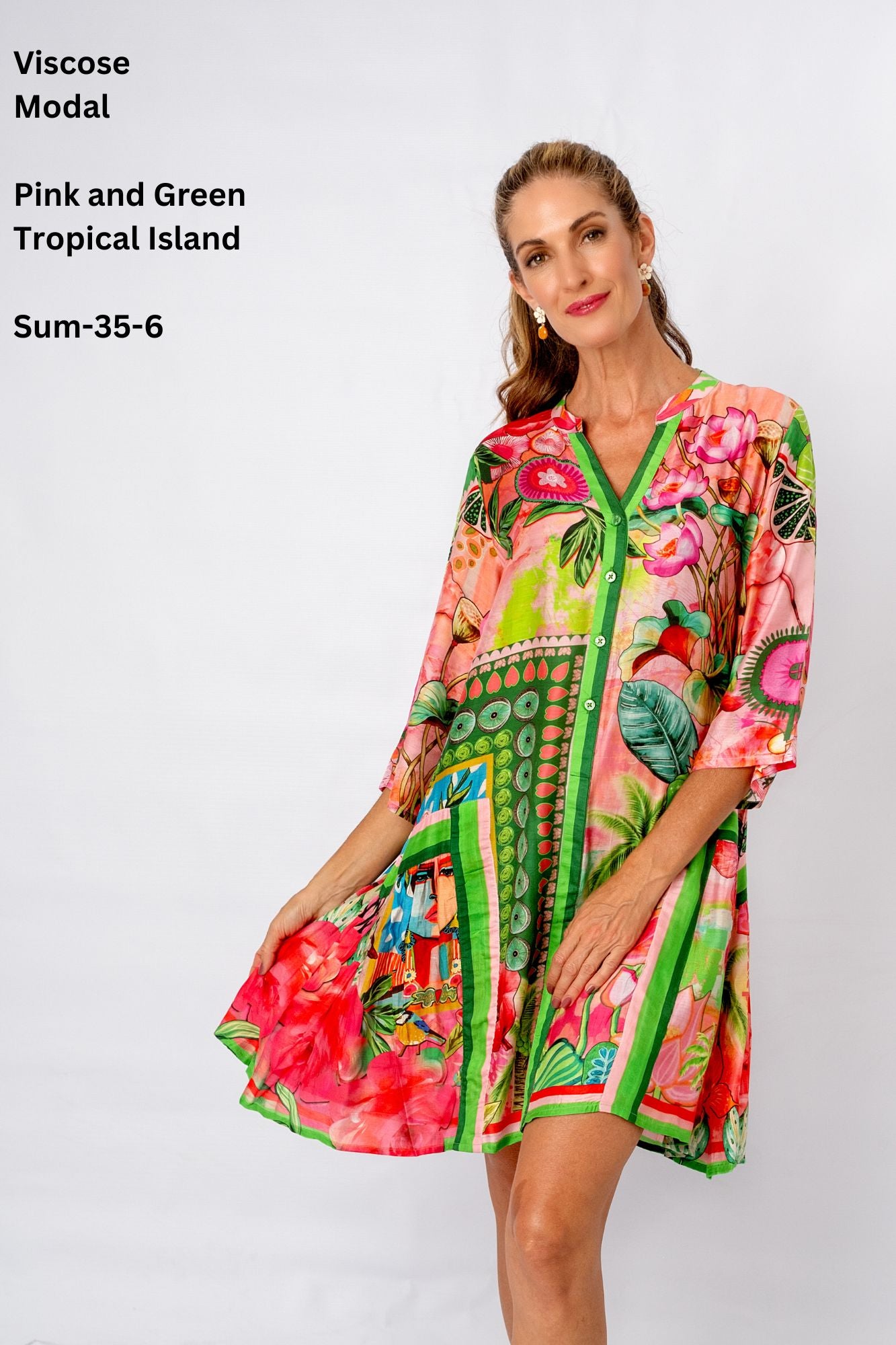 Amalfi Dress in Pink and Green Tropical Island
