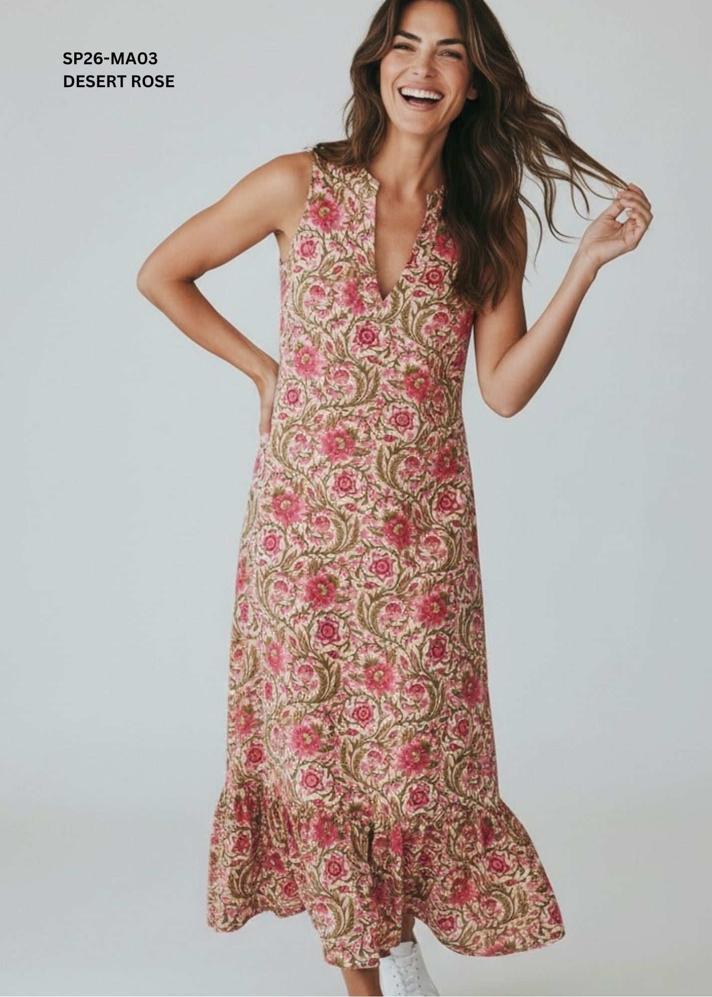 Maya V-Neck Cotton Maxi Dress – Desert Rose