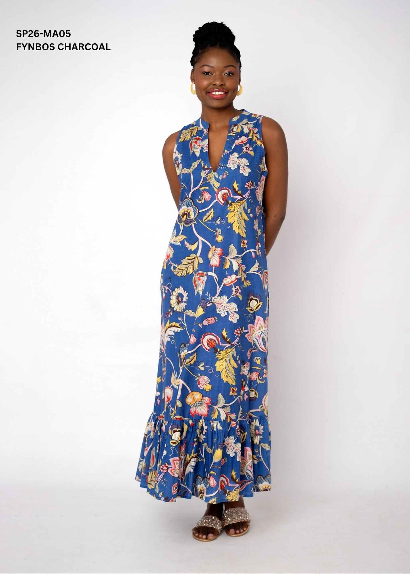 Maya V-Neck Cotton Maxi Dress – Fynbos Charcoal