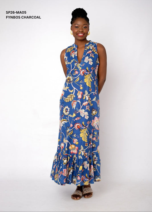 Maya V-Neck Cotton Maxi Dress – Fynbos Charcoal
