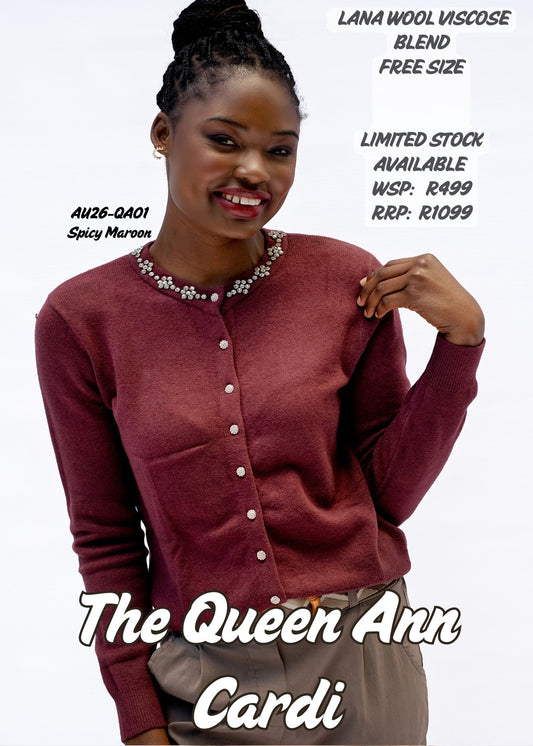 THE QUEEN ANN CARDI IN SPICY MAROON