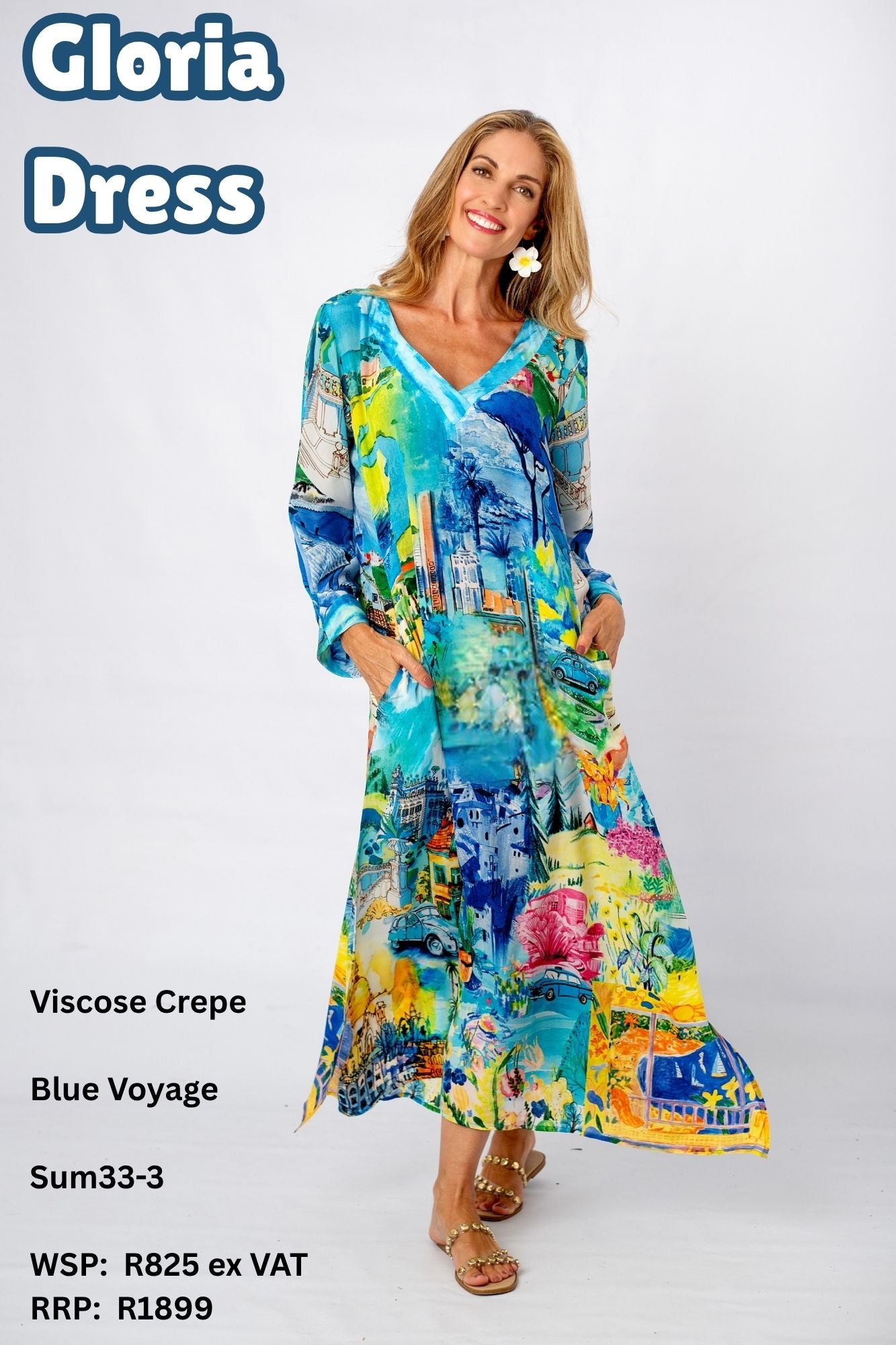 Gloria Dress with Tucked Sleeve Detail in Blue Voyage