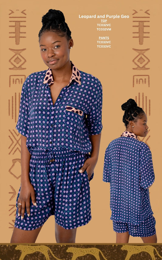 The Thandi Short Sleeve Shirt & Short PJ Set – Leopard and Purple  TC032