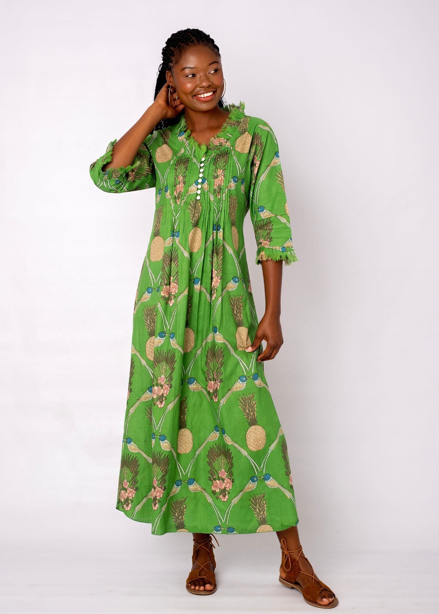 Sarah Dress with Frill in Green Pineapple