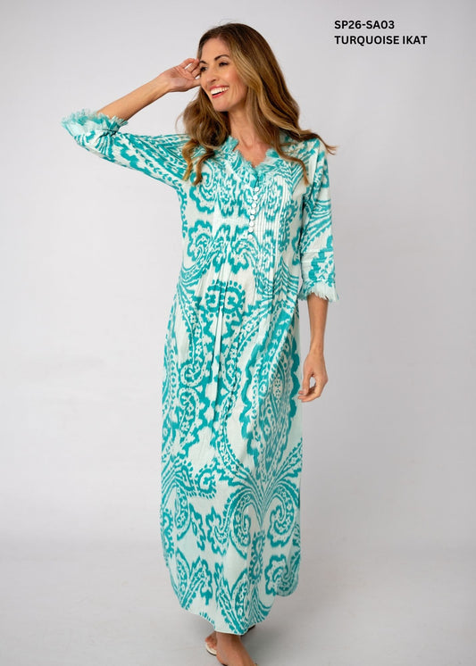 Sarah Long Cotton Dress – Turquoise Ikat