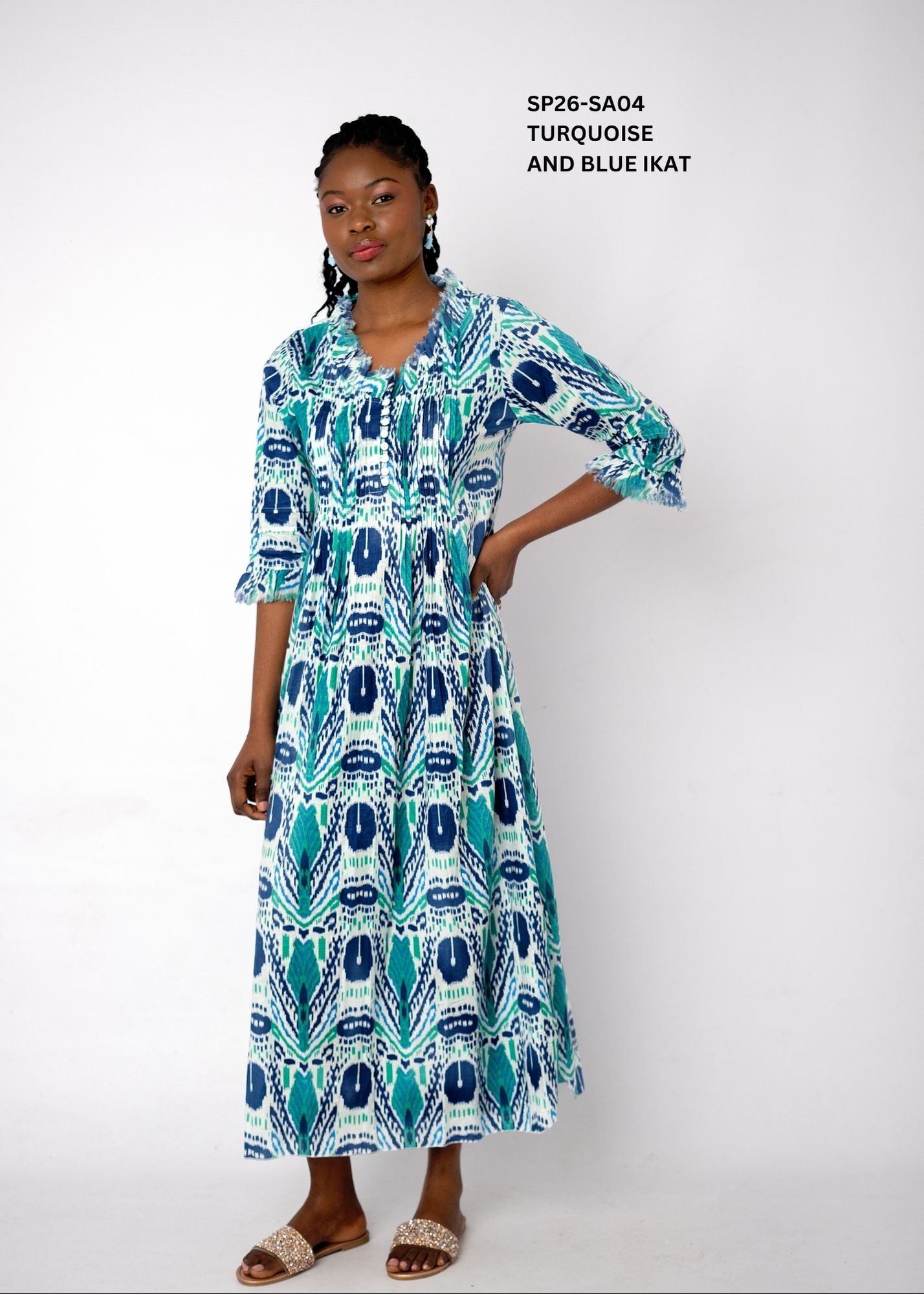 Sarah Long Cotton Dress – Turquoise and Blue Ikat