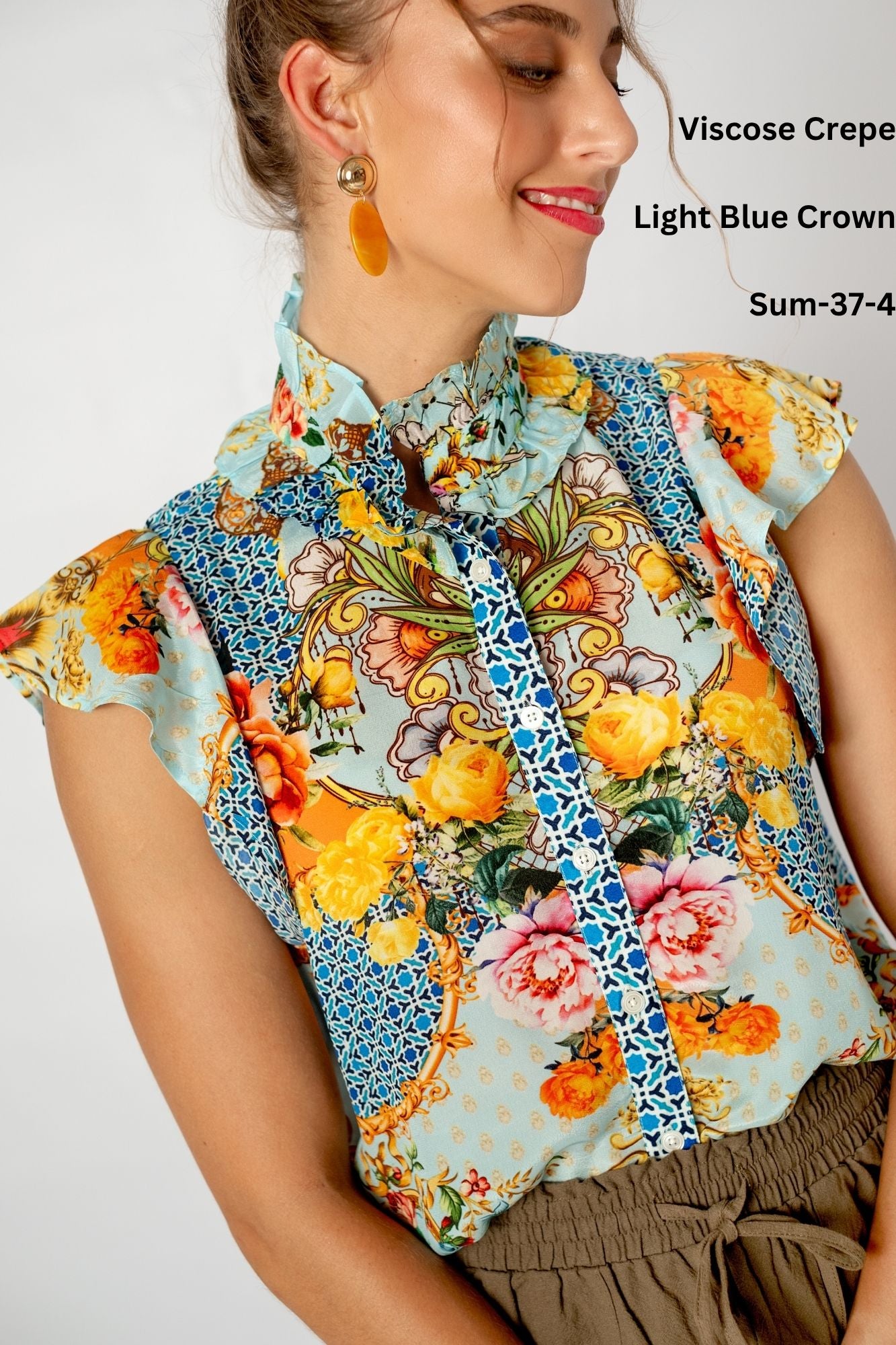 Paradise Blouse in Light Blue Crown Print