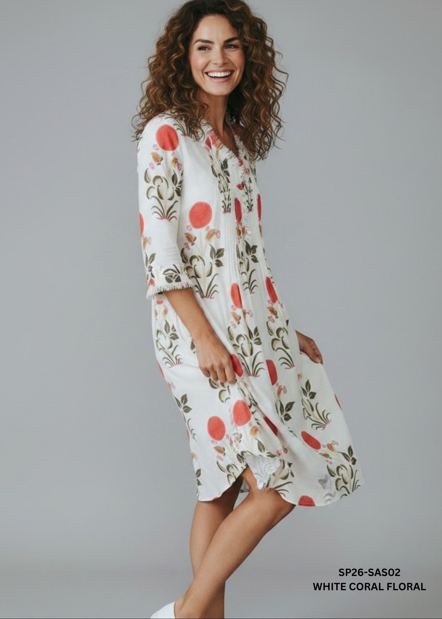 Sarah Short Cotton Dress – White Coral Floral