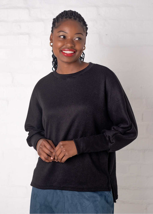 Round Neck Sweater Top,  Black Jersey Knit