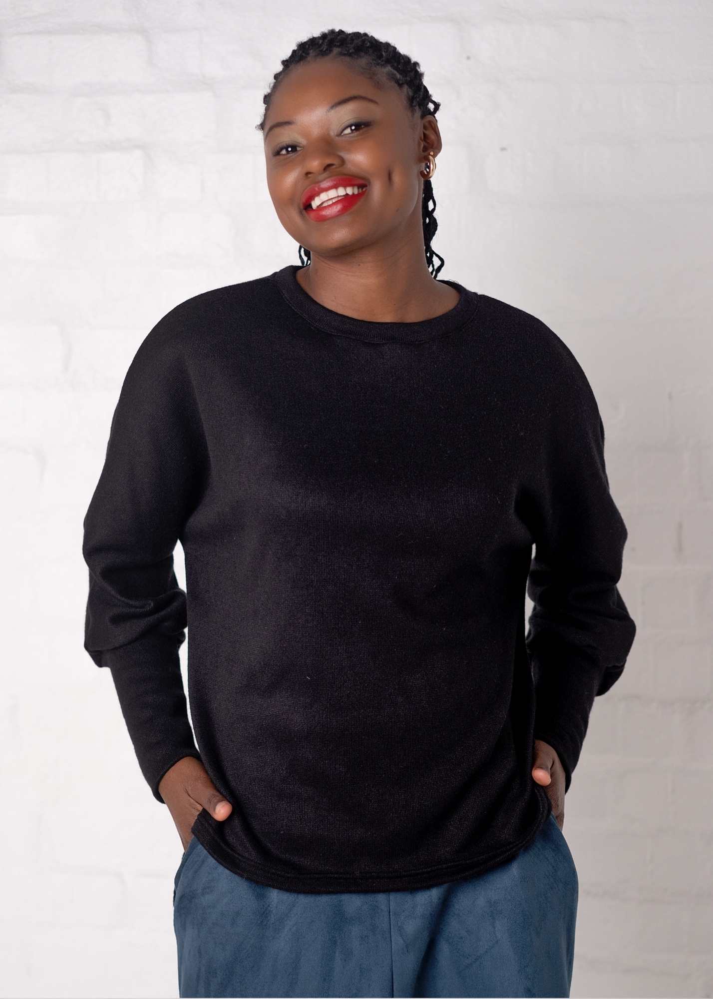 Round Neck Sweater Top,  Black Jersey Knit