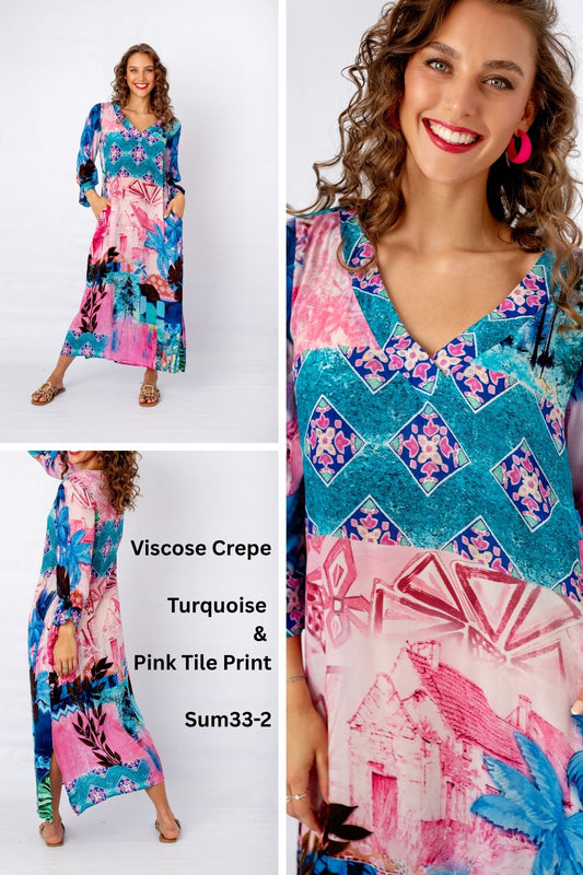 Gloria Dress with Tucked Sleeve Detail in Turquoise and Pink Detail