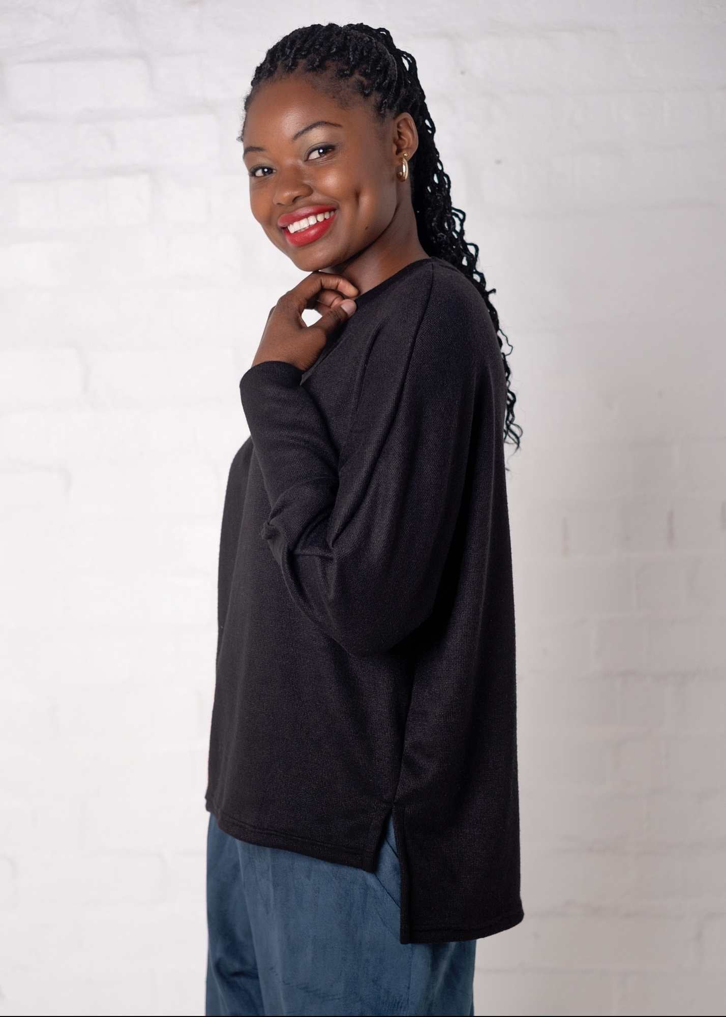 Round Neck Sweater Top,  Black Jersey Knit