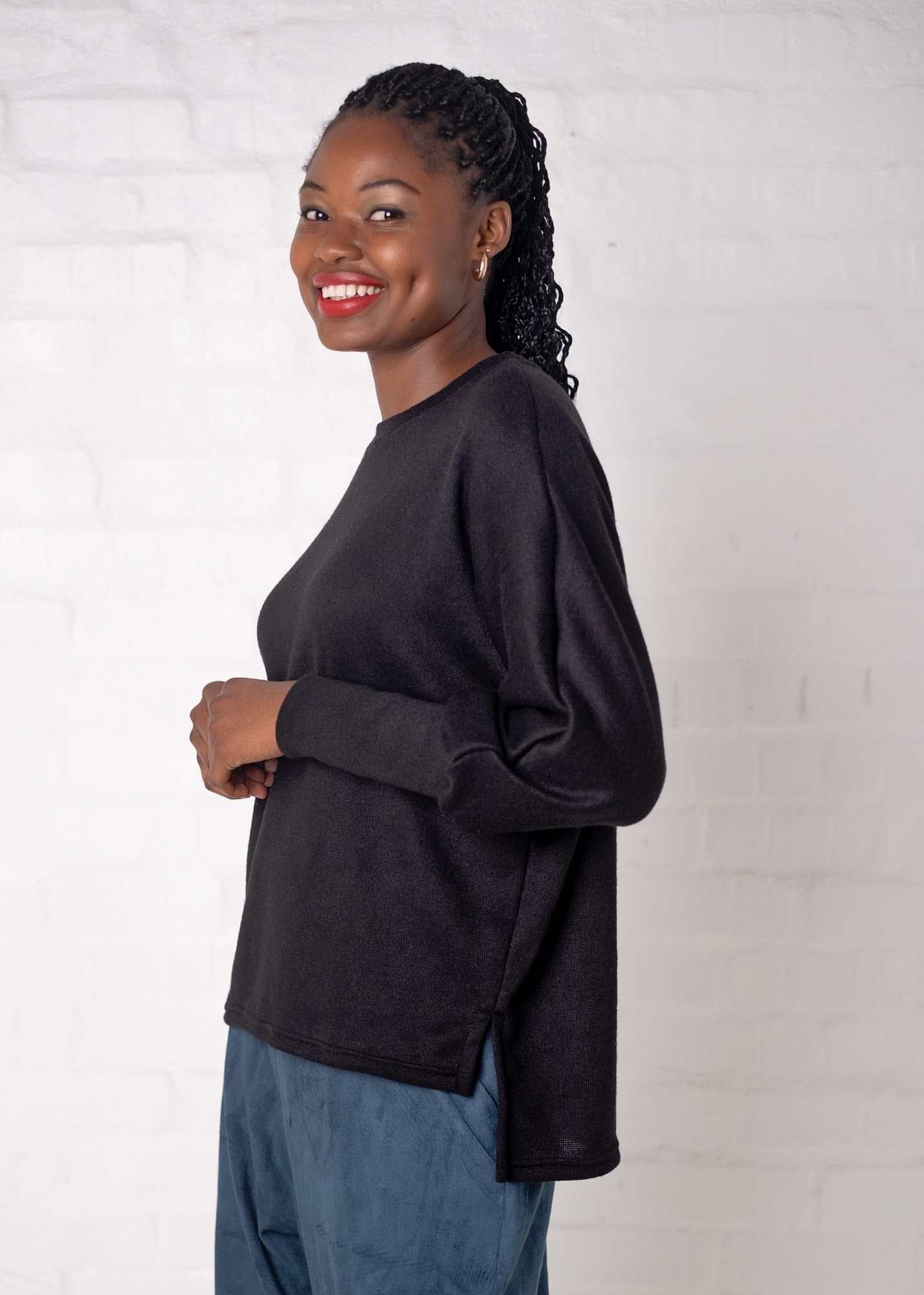 Round Neck Sweater Top,  Black Jersey Knit