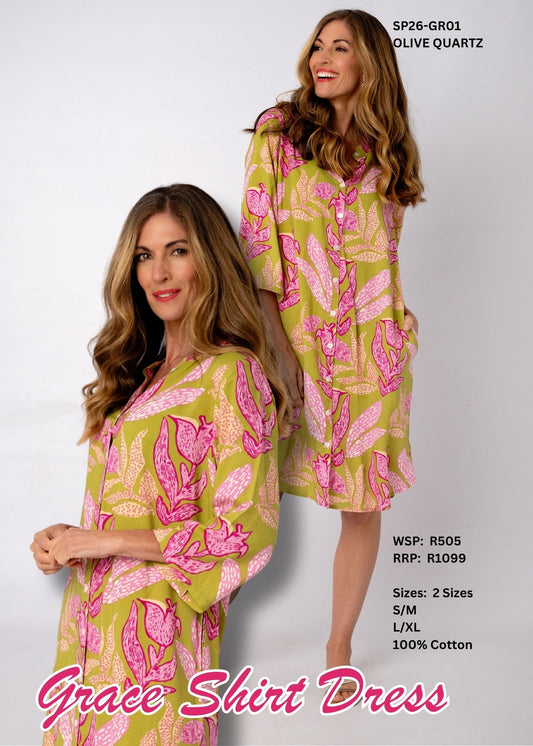 Grace Cotton Shirt Dress – Olive Quartz