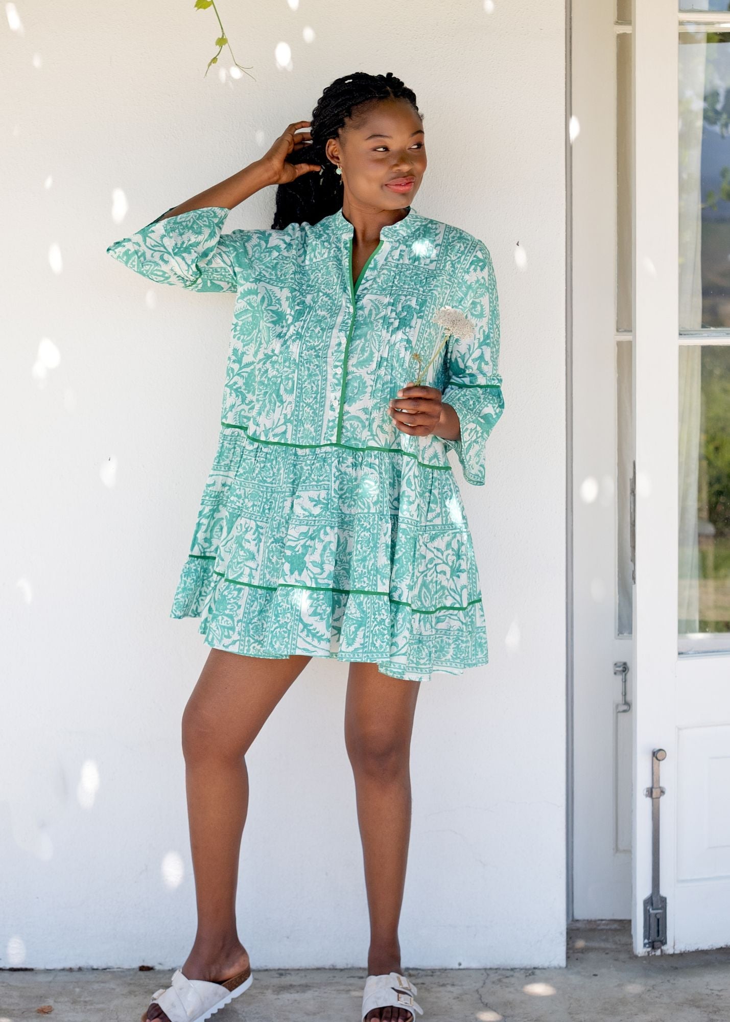 Valentina dress in Jade Leaves with Green Piping Detail