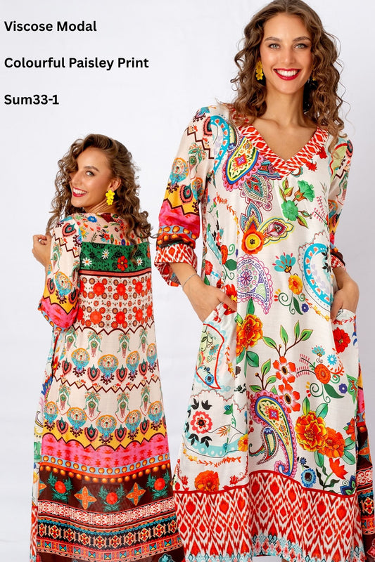 Gloria Dress with Tucked Sleeve Detail in Colourful Paisley Print